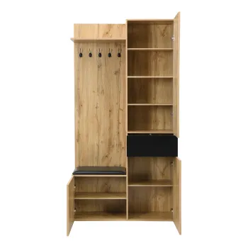 Set pentru garderoba cu 5 carlige pentru haine, oglinda, dulap pentru pantofi si dulap incorporat, 98,5x38x191 cm, Culoare naturala imagine