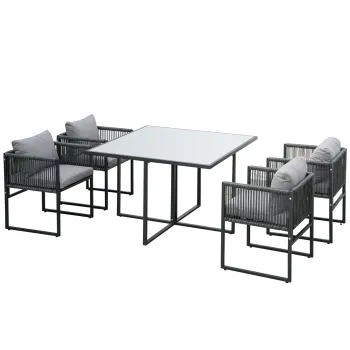 Set pentru gradina 5 bucati din ratan, 4 scaune pentru gradina cu perne si masa cu blat din sticla, negru si gri imagine