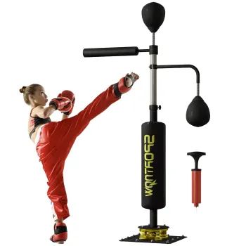 SPORTNOW Stand de box, doua mingi de viteza, stalp de box pivotant, perna de lovituri, reglabil pe inaltime, Otel, 107 x 36 x 140-205 cm, negru | Aosom Romania imagine