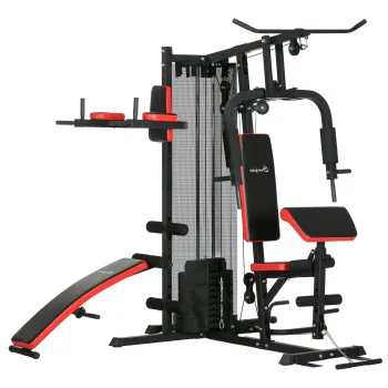 SPORTNOW Statie de Gimnastica pentru Exercitii Multiple cu Stiva de Greutati de 65 kg, Banca pentru Sezut, Stand de Impingere, Statie de Flotari la Paralele, Reglabila, pentru Antrenament de Forta imagine