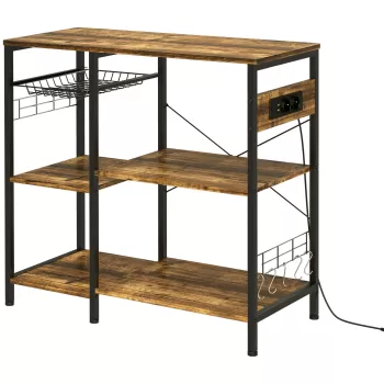 Suport pentru brutarii HOMCOM cu priza de curent, incarcator USB, suport cuptor cu microunde, cafenea, rafturi de bucatarie industriale cu cos, 5 carlige in S pentru condimente, oale si tigaie, maro imagine