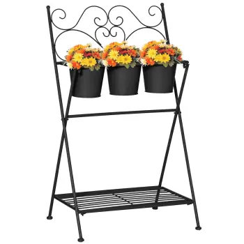 Suport pentru plante din Metal Pliabil Outsunny cu 3 Ghivece, Raft pentru Plante cu Etajera pentru Casa si Gradina, 47x37x78,5 cm, Negru imagine