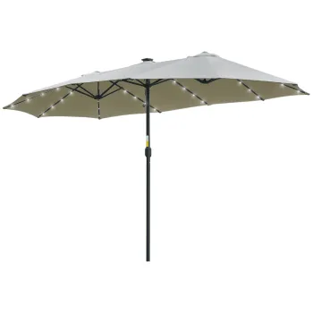 Umbrela dubla Outsunny cu panouri solare cu LED-uri 450 x 265 cm, umbrela cu manivela, umbrela ovala pentru balcon si plaja, rezistenta la vant, stabila, umbrela de piata cu manivela pentru balcon, terasa, gradina, Gri deschis | Aosom Romania imagine