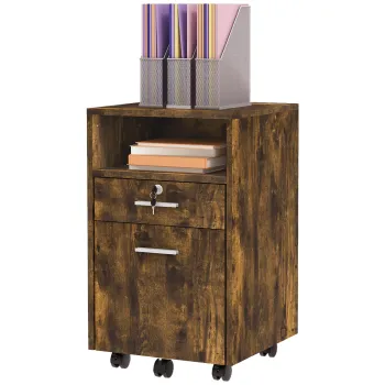Vinsetto Comoda de Birou cu 2 Sertare si Raft Deschis, Mobilier cu 5 Rotile, Incuietoare si 2 Chei, 39x40x65 cm, Maro | Aosom Romania imagine