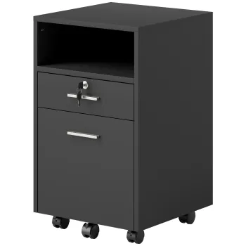 Vinsetto Comoda de Birou cu 2 Sertare si Raft Deschis, Mobilier cu 5 Rotile, Incuietoare si 2 Chei, 39x40x65 cm, Negru | Aosom Romania imagine