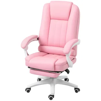 Vinsetto Scaun de birou cu suport pentru picioare, spatar reglabil, reglabil in inaltime, 5 role, roz + alb | Aosom Romania imagine