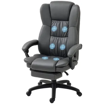Vinsetto Scaun de birou reglabil cu suport pentru picioare, tetiere, functie de masaj, piele ecologica, 68,5x68,5x113-121cm, Gri inchis | Aosom Romania imagine