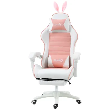 Vinsetto Scaun de Gaming Ergonomic cu Urechi de Iepure si Suport pentru Picioare Extensibil, 65x63x136-142 cm, Roz | Aosom Romania imagine
