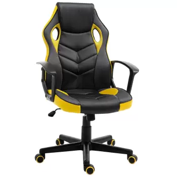 Vinsetto Scaun de Gaming Fotoliu de Birou Rotativ cu Roti din Piele ecologica Negru si Galben, Inaltime Ajustabila imagine