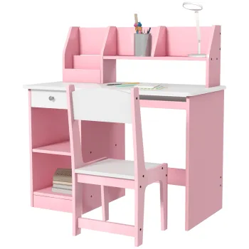 ZONEKIZ Birou copii cu scaun ergonomic cu sertar culisant pentru tastatura, nise si rafturi deschise 90 x 45 x 90 cm roz | Aosom Romania imagine