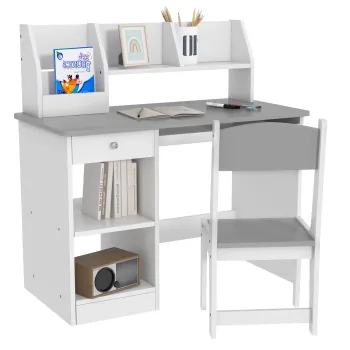 ZONEKIZ Birou pentru copii cu scaun ergonomic, cu tava culisanta pentru tastatura, nise si rafturi deschise 90 x 45 x 90 cm gri | Aosom Romania imagine