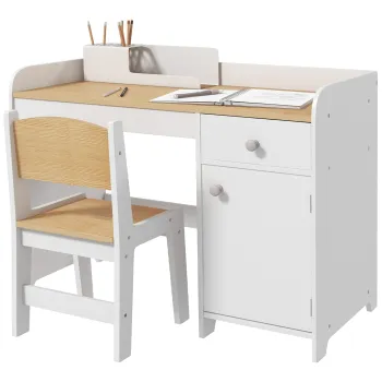 ZONEKIZ Birou pentru copii cu scaun, masa pentru copii cu sertar, dulap si blat generos, pentru 3-6 ani, 80 x 39 x 59 cm, alb | Aosom Romania imagine