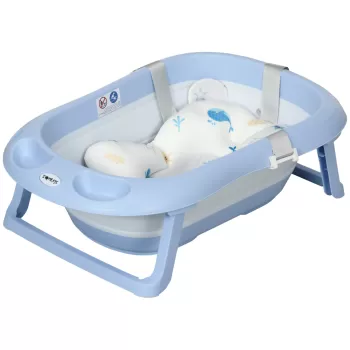 ZONEKIZ Cadita pentru Baie Pliabila pentru Copii 0-6 ani cu Perna si 2 Spatii de Depozitare Incluse, 83x48x23.5 cm, Albastru si Alb imagine