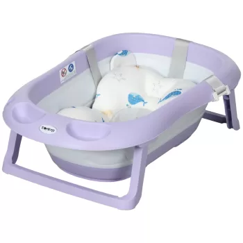 ZONEKIZ Cadita pentru Baie Pliabila pentru Copii 0-6 ani cu Perna si 2 Spatii de Depozitare Incluse, 83x48x23.5 cm, Violet si Alb imagine