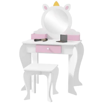 ZONEKIZ Masa de toaleta pentru copii cu taburet si oglinda Masa de toaleta pentru fete cu sertar compartimente design unicorn alb | Aosom Romania imagine