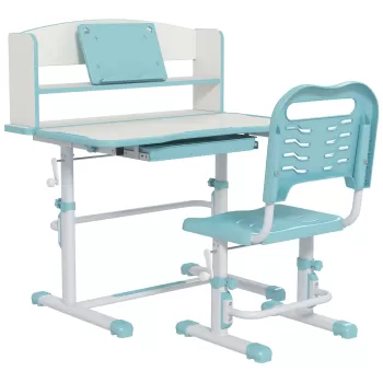 ZONEKIZ Set Birou si Scaun pentru Copii Reglabil in Inaltime,Birou de Studiu pentru Copii pentru Scoala cu Sertar, Raft pentru Carti,Masa cu Unghi Reglabil,pentru Varste intre 6-12 ani - Albastru imagine