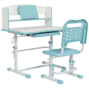 ZONEKIZ Set Birou si Scaun pentru Copii Reglabil in Inaltime,Birou de Studiu pentru Copii pentru Scoala cu Sertar, Raft pentru Carti,Masa cu Unghi Reglabil,pentru Varste intre 6-12 ani - Albastru imagine