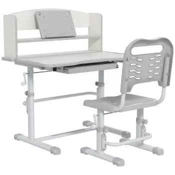ZONEKIZ Set Birou si Scaun pentru Copii Reglabil in Inaltime, Birou de Studiu pentru Copii pentru Scoala, cu Sertar, Raft pentru Carti, Masa cu Unghi Reglabil, pentru Varste intre 6-12 ani - Gri imagine