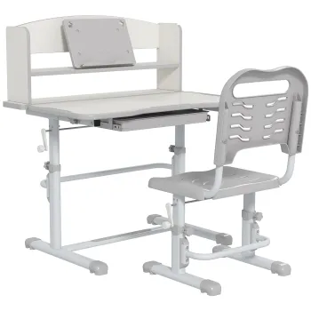 ZONEKIZ Set Birou si Scaun pentru Copii Reglabil in Inaltime, Birou de Studiu pentru Copii pentru Scoala, cu Sertar, Raft pentru Carti, Masa cu Unghi Reglabil, pentru Varste intre 6-12 ani - Gri imagine
