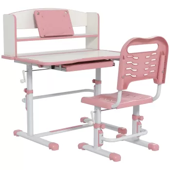 ZONEKIZ Set Birou si Scaun pentru Copii Reglabil in Inaltime, Birou de Studiu pentru Copii pentru Scoala cu Sertar, Raft pentru Carti, Masa cu Unghi Reglabil, pentru Varste intre 6-12 ani - Roz imagine