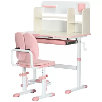 ZONEKIZ Set de birou si scaun cu inaltime reglabila Birou de scriere pentru copii masa de studiu pentru scoala cu raft | AOSOM RO imagine
