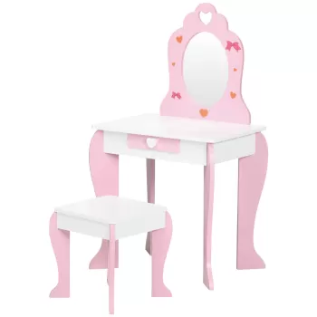 ZONEKIZ Set de masa de machiaj cu scaun si oglinda si sertar din lemn MDF pentru copii de 3-6 ani, alb si roz | AOSOM RO imagine