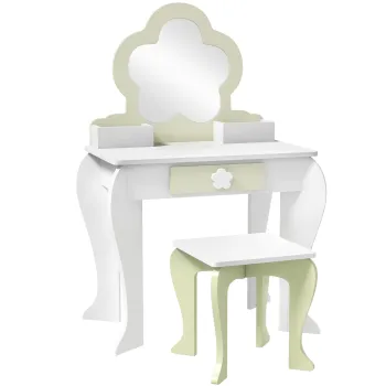 ZONEKIZ Set de toaleta pentru copii cu oglinda de machiaj si scaunel asortat din lemn, sertar si recipiente, alb | Aosom Romania imagine