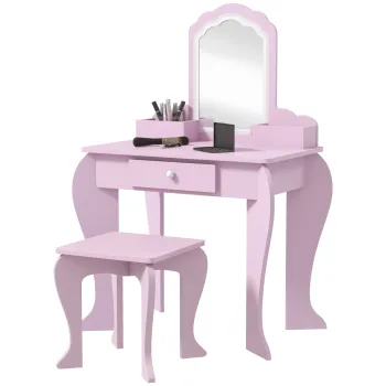 ZONEKIZ Set Toaleta pentru Copii cu Oglinda pentru Machiaj si Scaunel din Lemn Roz | Aosom Romania imagine