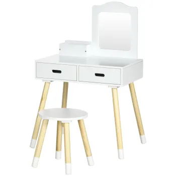 ZONEKIZ Set Toaleta pentru Copii din Lemn, Masa de Machiaj cu Oglinda, 2 Sertare si Scaunel, 60x40x95 cm, Alb | Aosom Romania imagine