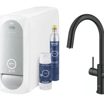 Baterie de bucatarie Grohe Blue Home, 3/8'', pipa inalta, Tip C, filtrare, racire, apa carbogazoasa, dus, Smart, mat, negru imagine