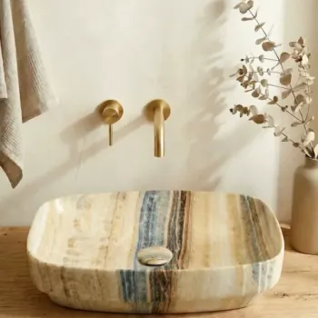 Lavoar ceramic marmorat lucios, crem cu vene gri si aurii, cu ventil inclus imagine