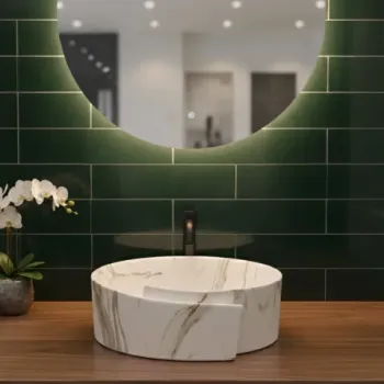 Lavoar Coloana din ceramica premium, alb marmorat cu accente aurii, 43 cm imagine