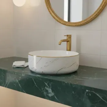 Lavoar rotund ceramic A524B-KG268 - alb marmorat cu accente aurii imagine