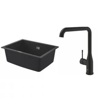 Set chiuveta Grohe K700 din granit 61x46 cm negru si Baterie bucatarie negru mat Grohe Essence pipa pivotanta imagine