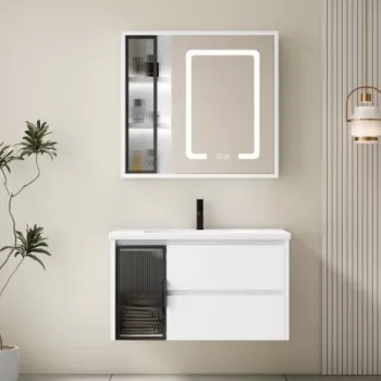 Set complet mobilier baie suspendat Aveline cu lavoar si dulap cu oglinda LED - alb imagine