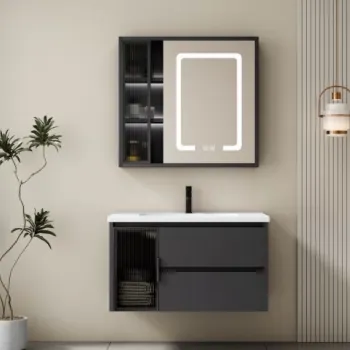 Set complet mobilier baie suspendat Aveline cu lavoar si dulap cu oglinda LED - gri imagine