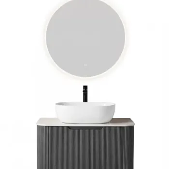 Set complet mobilier baie suspendat Milano cu lavoar si oglinda LED rotunda - Gri imagine