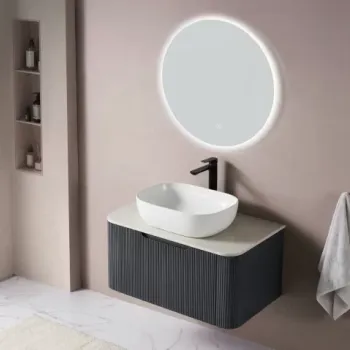 Set complet mobilier baie suspendat Milano cu lavoar si oglinda LED rotunda - Gri imagine