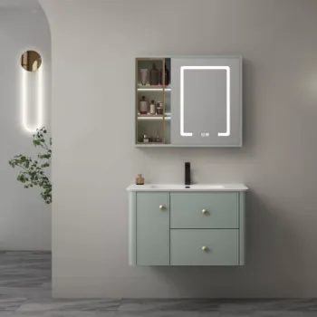 Set complet mobilier baie suspendat Serena cu lavoar si dulap cu oglinda LED - verde fistic imagine