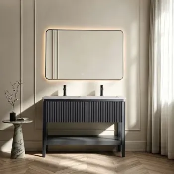 Set mobilier baie pe pardoseala 120 cm, cu doua lavoare si oglinda LED cu rama neagra imagine