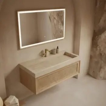 Set mobilier baie suspendat din lemn 120 cm, cu lavoar si oglinda LED cu rama imagine