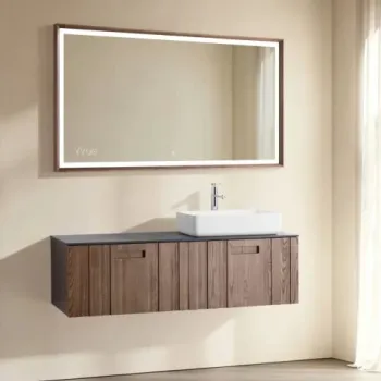 Set mobilier baie suspendat din lemn 140 cm, cu lavoar si oglinda LED cu rama din lemn imagine