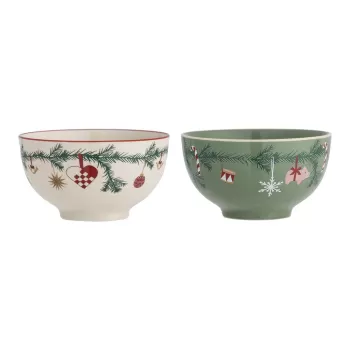 Boluri mici alb/verde din gresie o 14 cm cu model de Craciun 2 buc. Yule - Bloomingville imagine