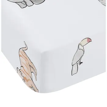 Cearceaf pentru copii alb din bumbac pentru pat de o persoana cu elastic 90x190 cm Zoo Animals - Bianca imagine