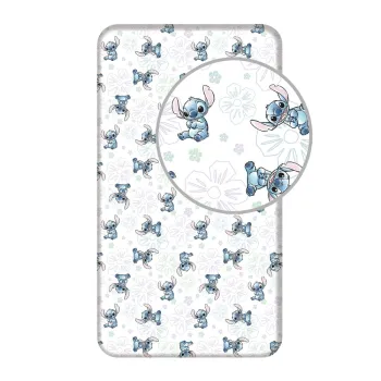 Cearceaf pentru copii alb din bumbac pentru pat de o persoana cu elastic 90x200 cm Lilo and Stitch 
