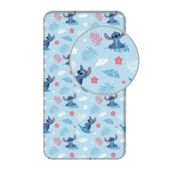 Cearceaf pentru copii albastru din bumbac pentru pat de o persoana cu elastic 90x200 cm Lilo & Stitch 