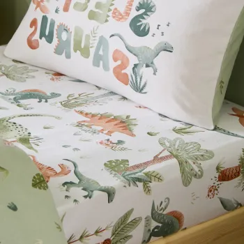 Cearceaf pentru copii crem din flanela pentru pat de o persoana cu elastic 90x190 cm Brushed Sleepy Saurus Dino - Catherine Lansfield imagine