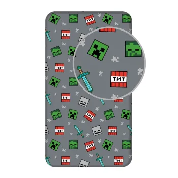 Cearceaf pentru copii gri din bumbac pentru pat de o persoana cu elastic 90x200 cm Minecraft 