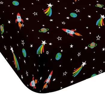 Cearceaf pentru copii negru pentru pat dublu cu elastic 135x190 cm Rainbow Rockets - Catherine Lansfield imagine