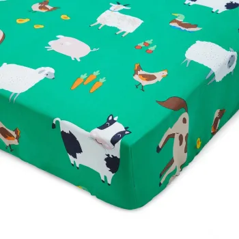 Cearceaf pentru copii verde pentru patut cu elastic 70x140 cm Farmyard Animals - Catherine Lansfield imagine